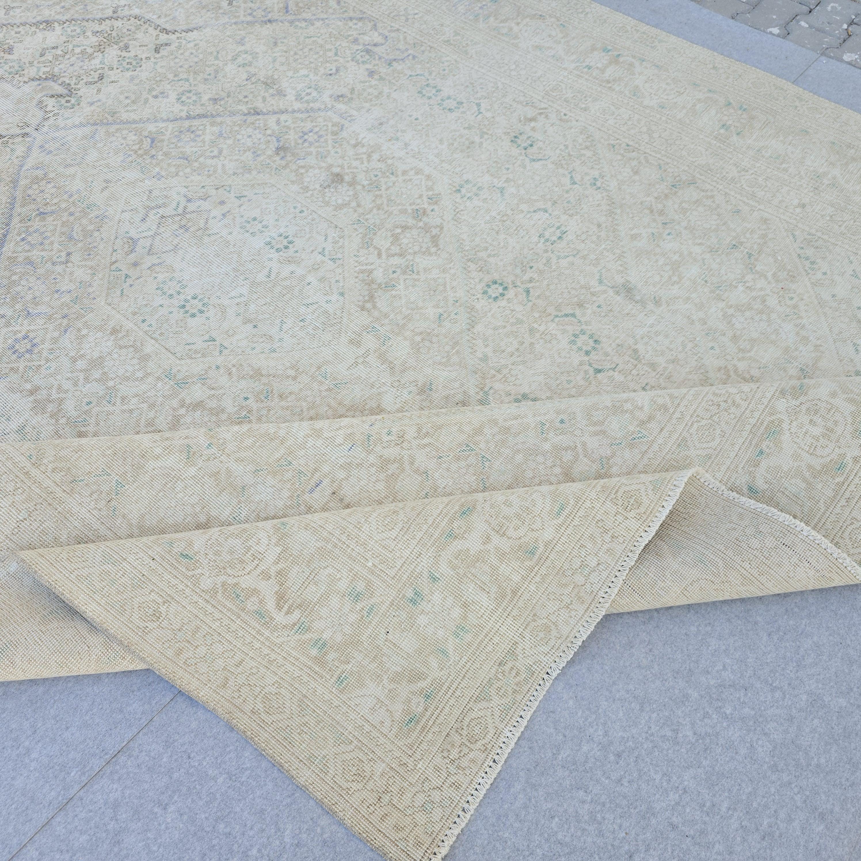 Vintage Turkish Hand-Knotted Rug: Muted Beige, Blue & Sage Geometric Carpet