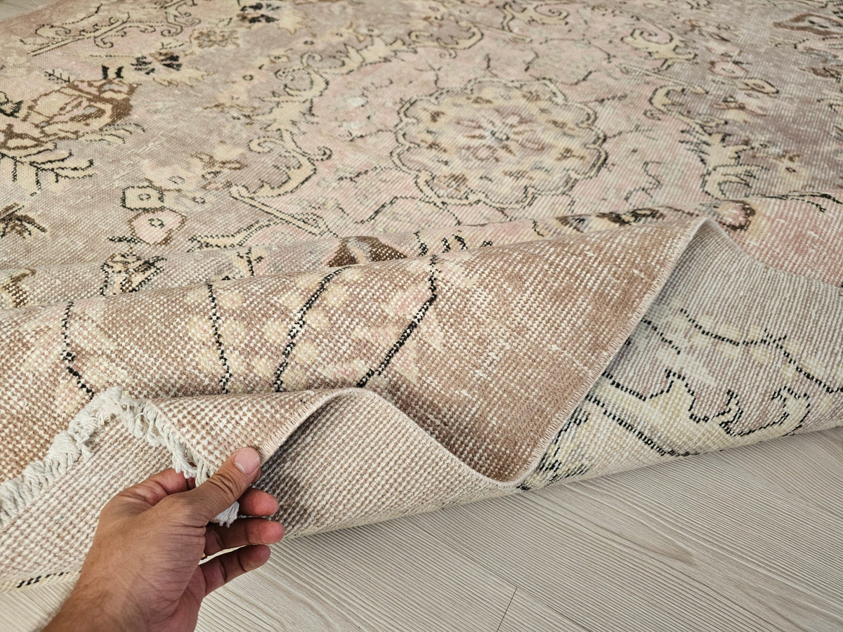 Handknotted 6x9 Oushak Rug: Pink Vintage Turkish Wool Carpet