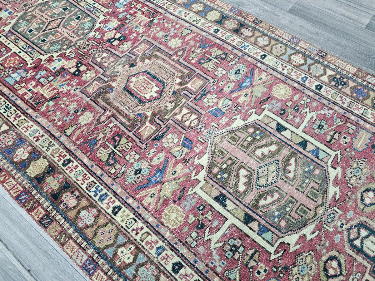 Vintage Heriz Wool Runner Rug: 3.5x13 Pastel Rustic Decor