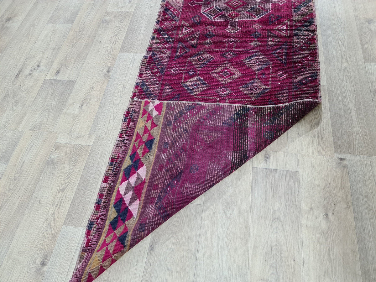 Hand Knotted Wool Herki Runner: 3x13 Vintage Turkish Rug