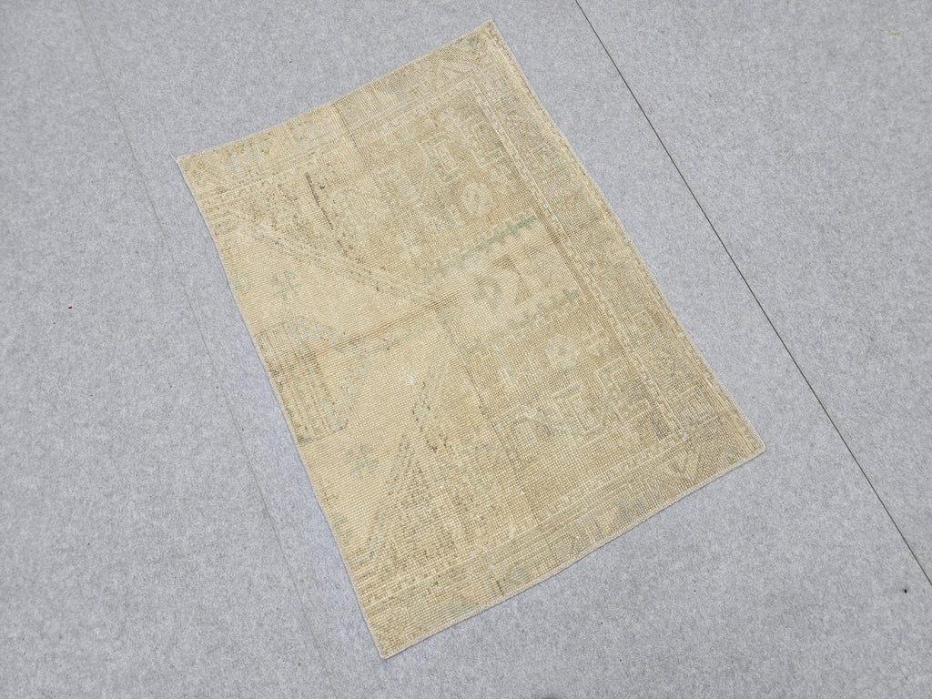 Vintage Bath Mat 2x3, Small Turkish Rug, Faded Neutral Door Mat, Hand Knotted Wool Oushak Mat, Muted Beige Kitchen Rug, Boho Entryway Rug