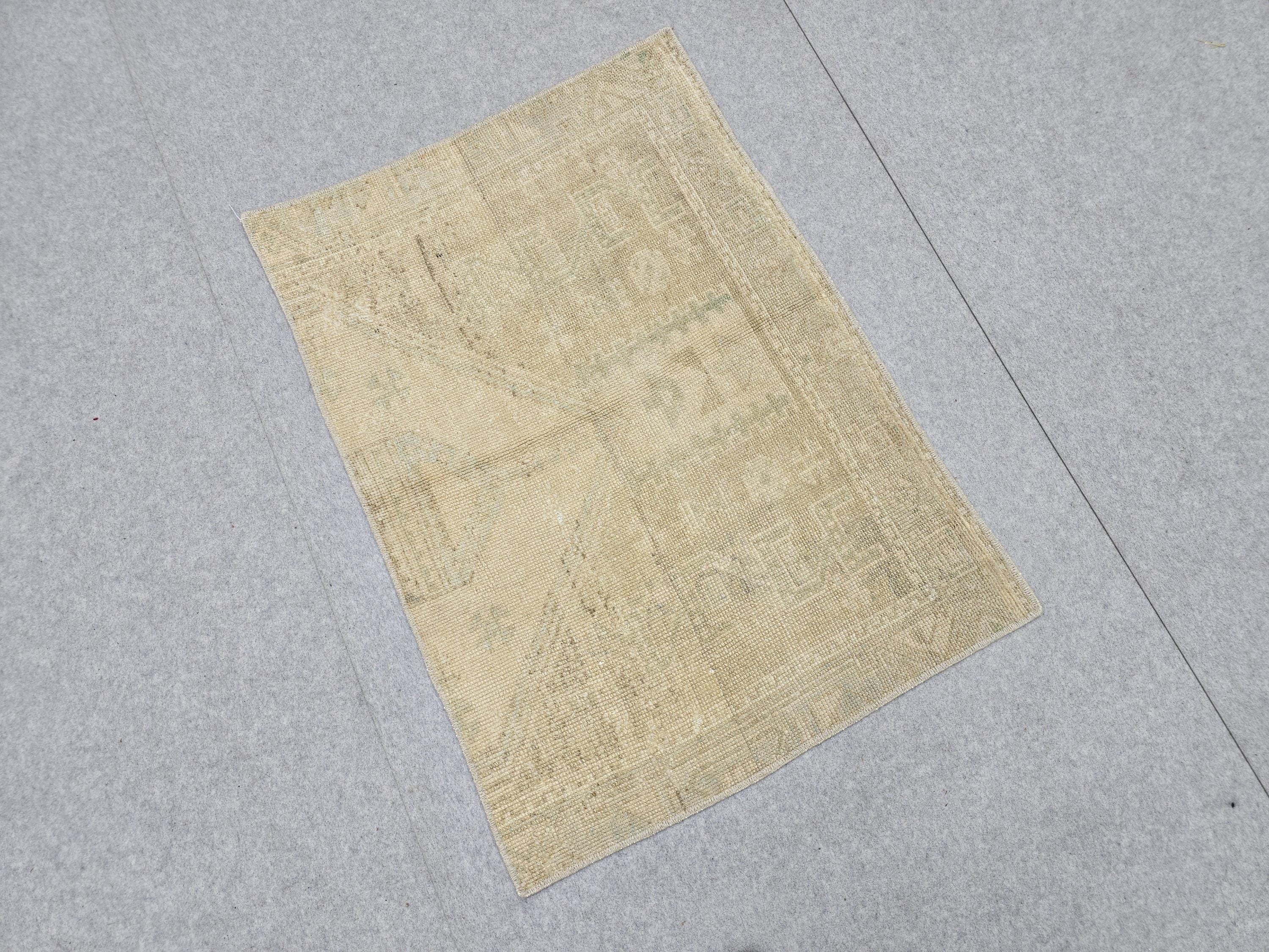 Vintage Bath Mat 2x3, Small Turkish Rug, Faded Neutral Door Mat, Hand Knotted Wool Oushak Mat, Muted Beige Kitchen Rug, Boho Entryway Rug
