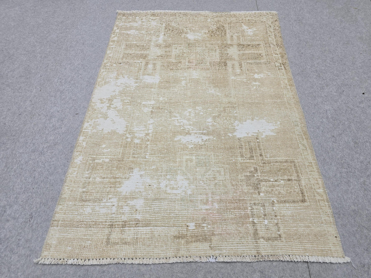 Vintage Rug 3x4, Small Distressed Neutral Rug, Hand Knotted Wool Oushak Accent Rug, Faded Beige Kitchen Mat, Boho Entryway Door Rug