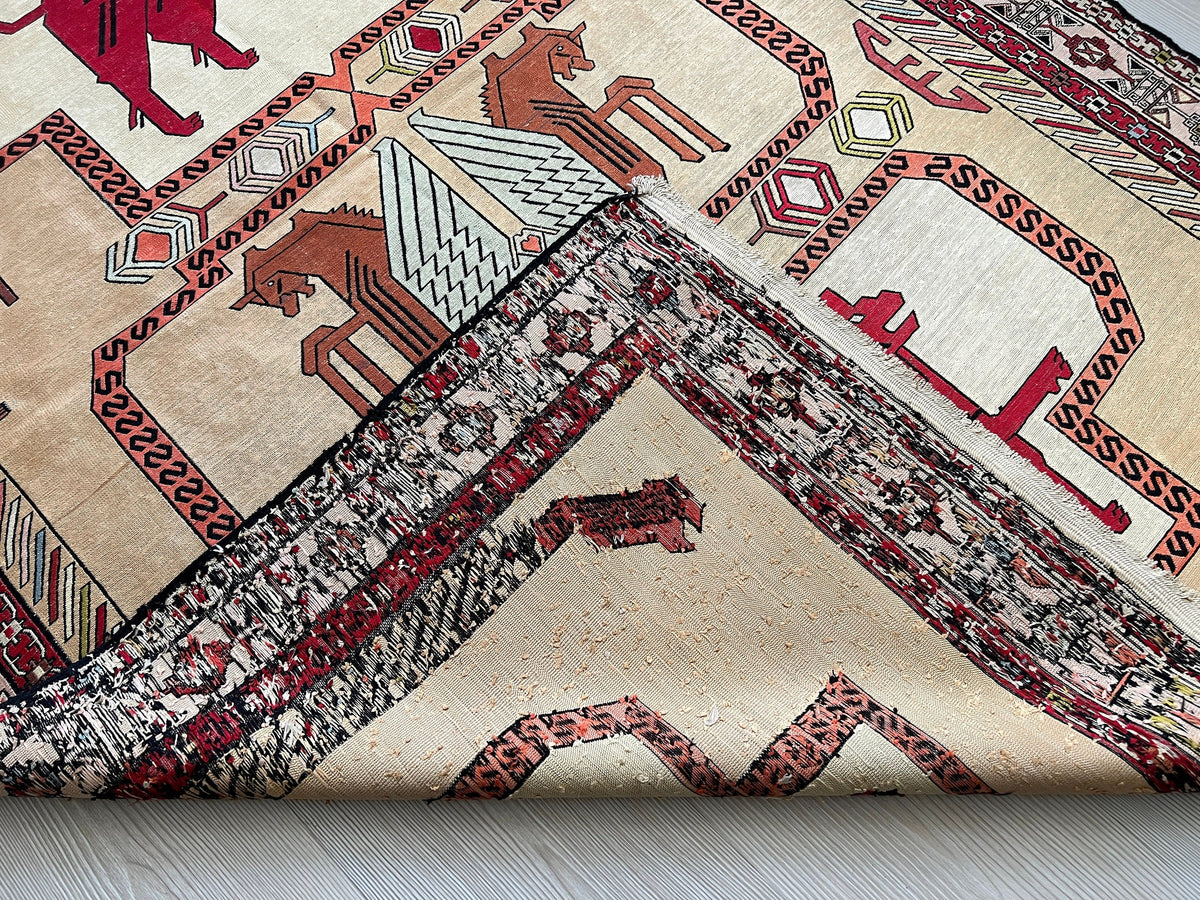 4x6 Silk Soumak Rug: Hand-Knotted Vintage Animal Design