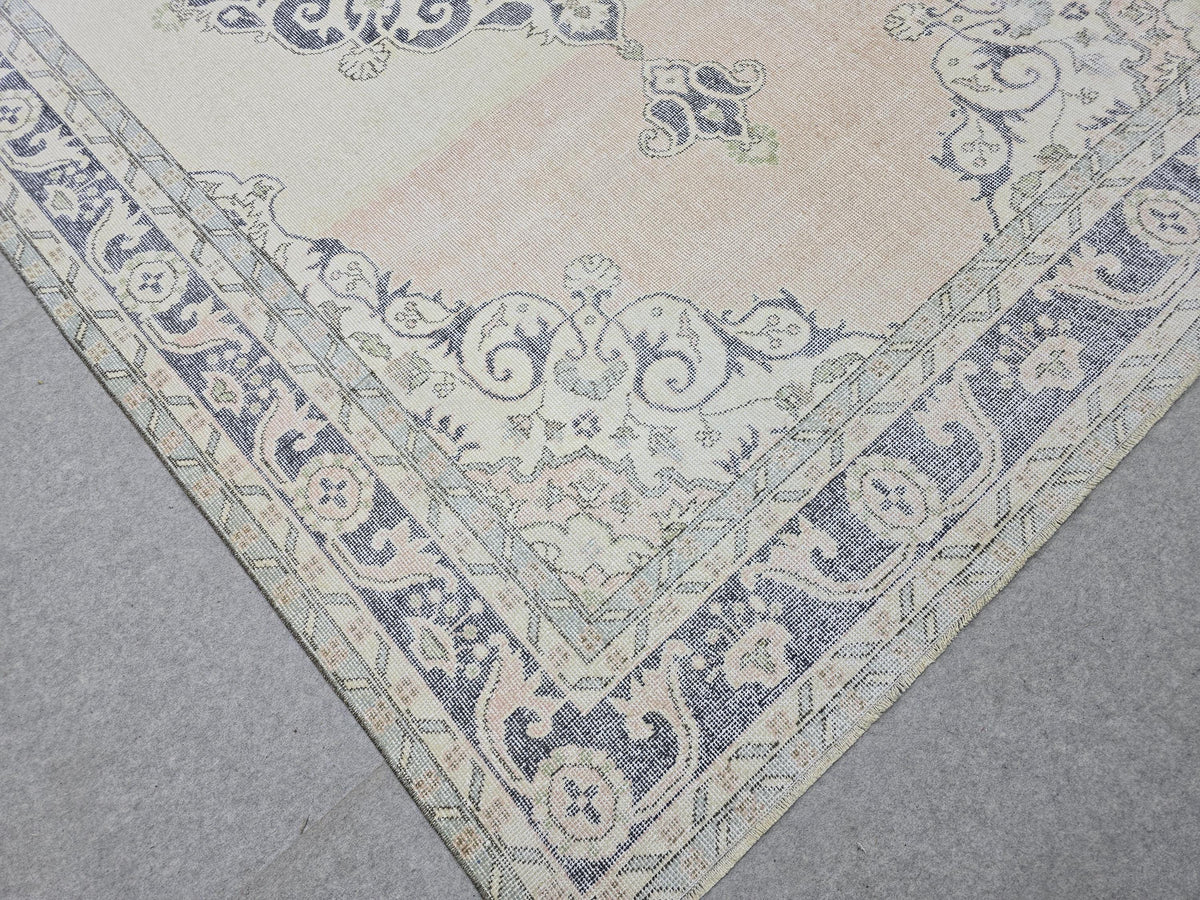 Turkish Rug 7x11, Vintage Navy Blue Cream Medallion Area Rug, Handknotted Oushak Style Carpet for Living Room Boho Decor
