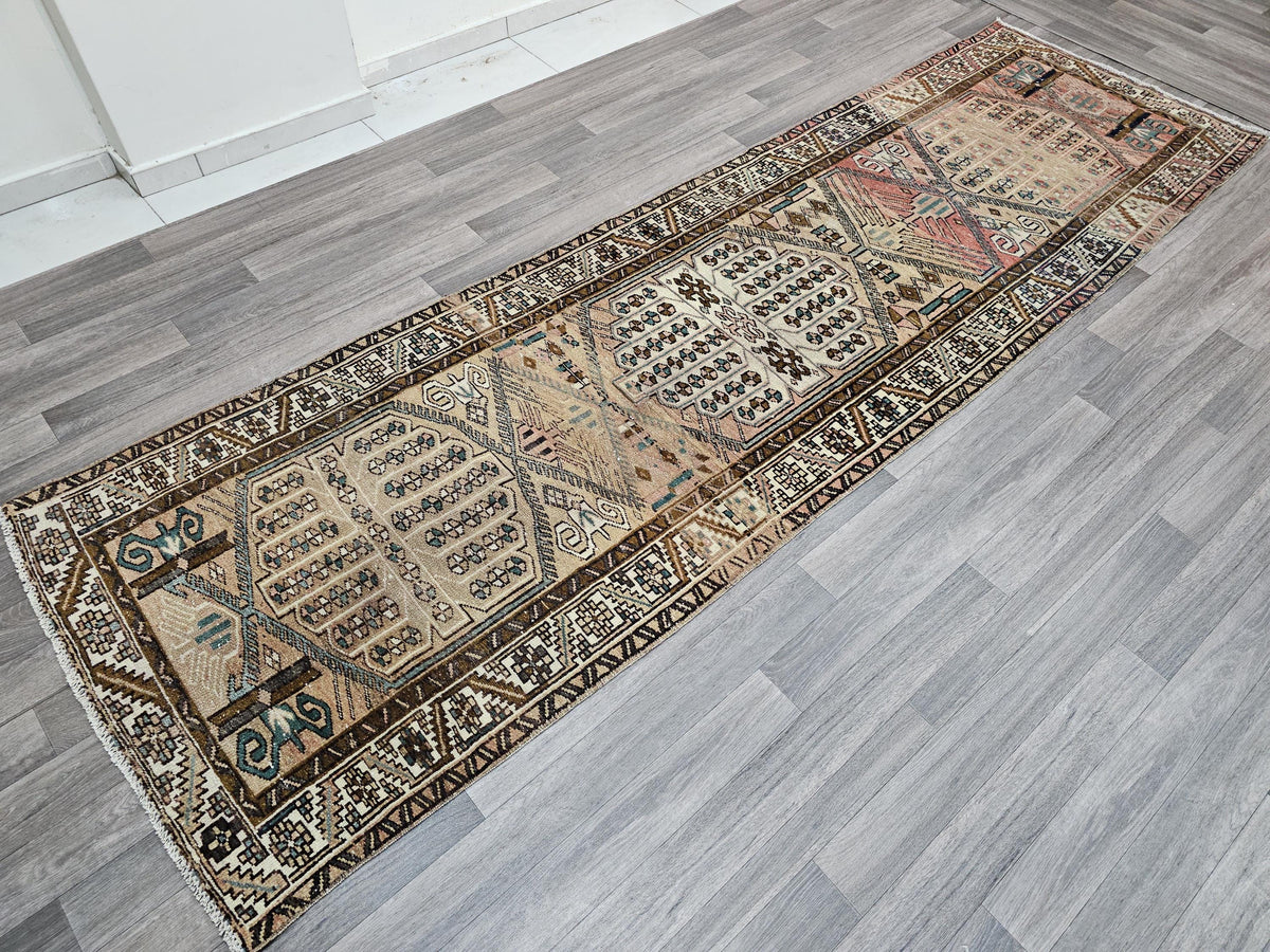 Wide Turkish Wool Runner Rug: Hand Woven Vintage Hallway Rug (3.14x10.35 ft)