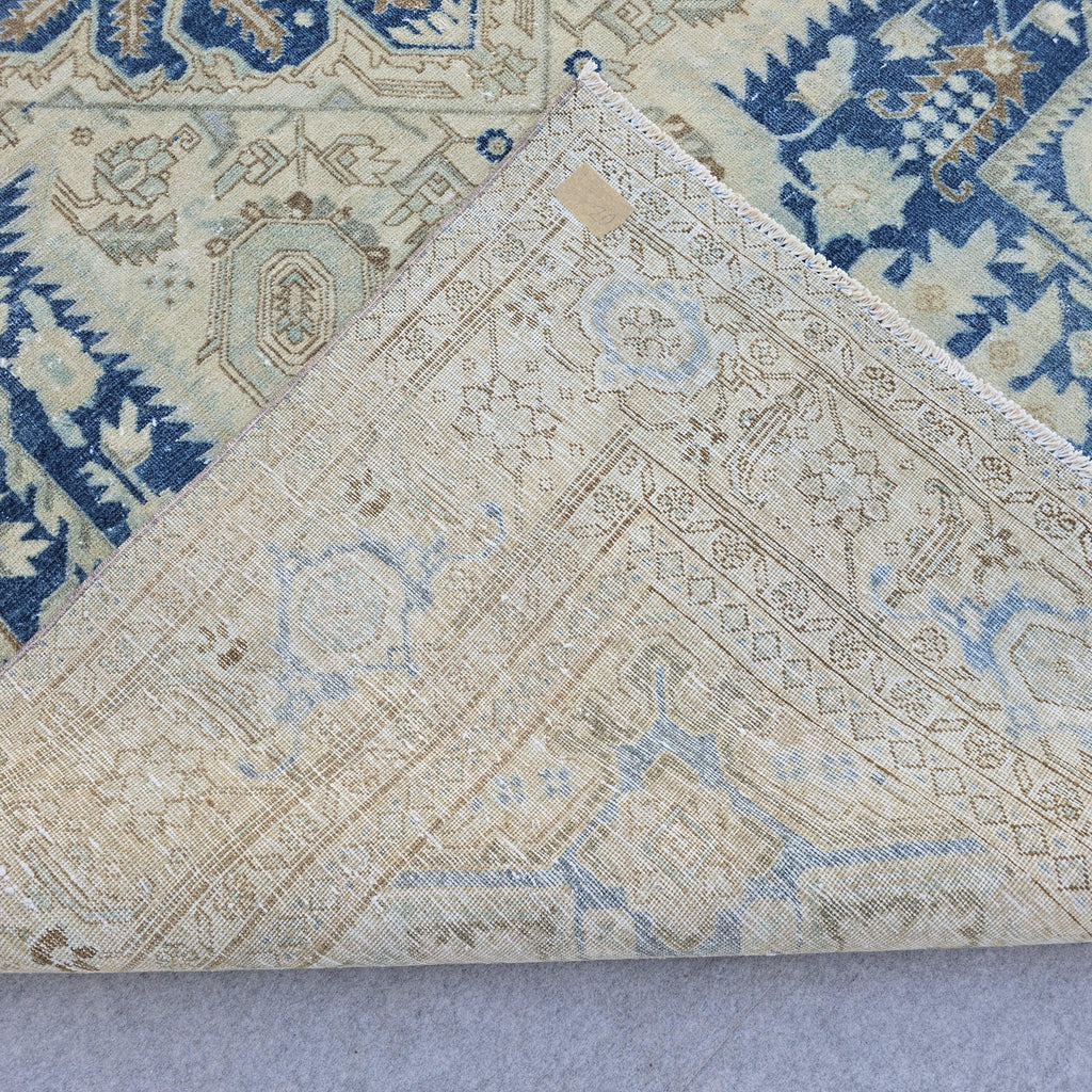 7x10 Vintage Oushak Rug Blue Cream Geometric Hand Knotted Turkish Area Carpet