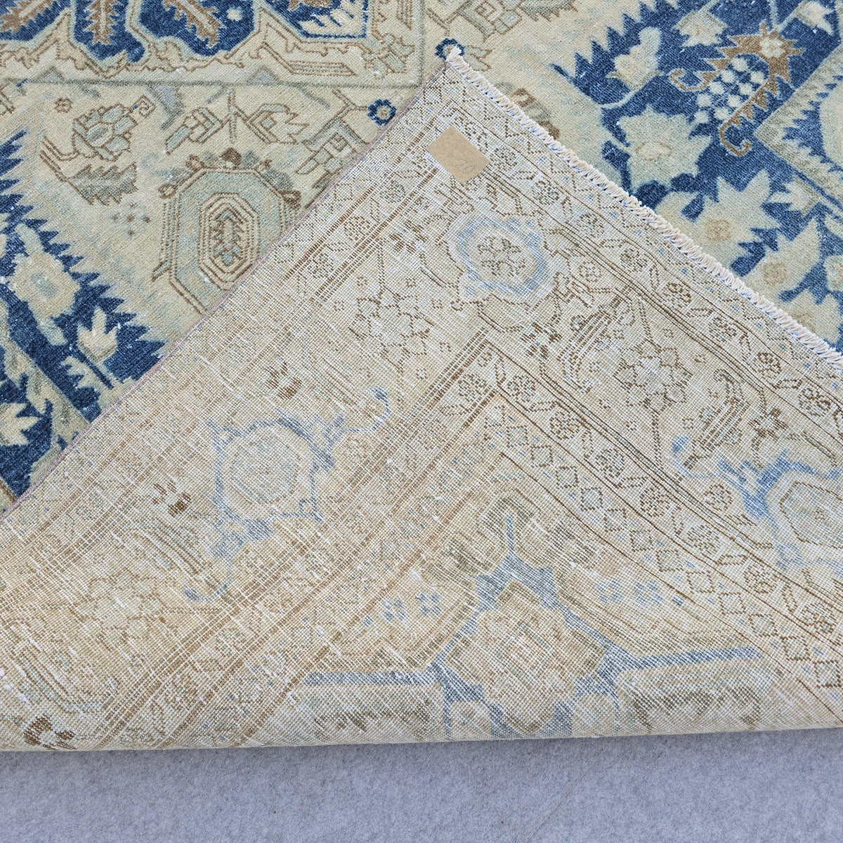 7x10 Vintage Oushak Rug Blue Cream Geometric Hand Knotted Turkish Area Carpet