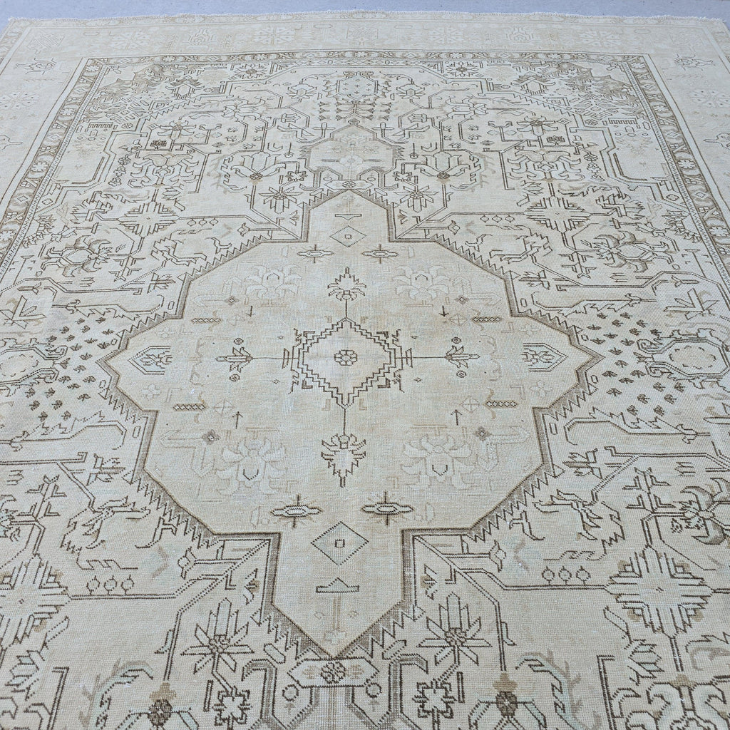 Oversized Oushak Rug: Hand-Knotted Wool, Beige Brown Geometric, 9.7x12.25 ft