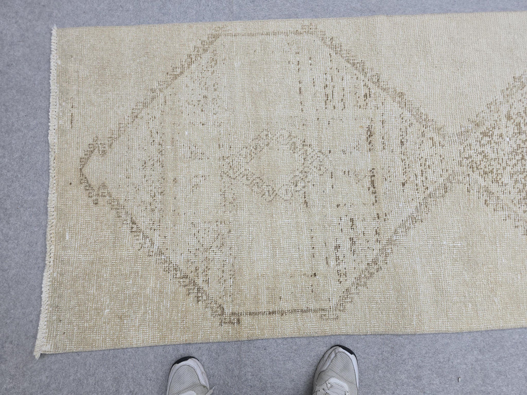 3x12 Turkish Runner - Vintage Oushak Runner Rug: 3x12.25 ft, Neutral Wool Carpet runner Rug