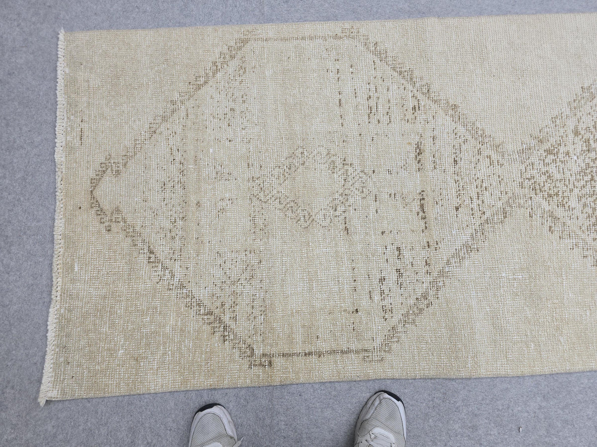 3x12 Turkish Runner - Vintage Oushak Runner Rug: 3x12.25 ft, Neutral Wool Carpet runner Rug