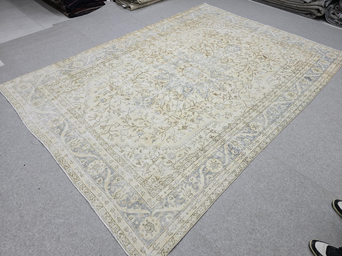 Oushak Rug 7.50x10.60 feet, Blue Medallion Turkish Carpet, Muted Cream Beige Floral, Vintage Tabriz Style Area Rug, Living Room