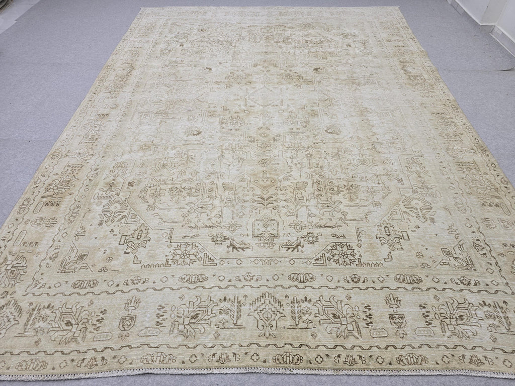 8x11 Vintage Hand Knotted Wool Rug, Muted Neutral Oushak Style, 8x11 Distressed Area Rug