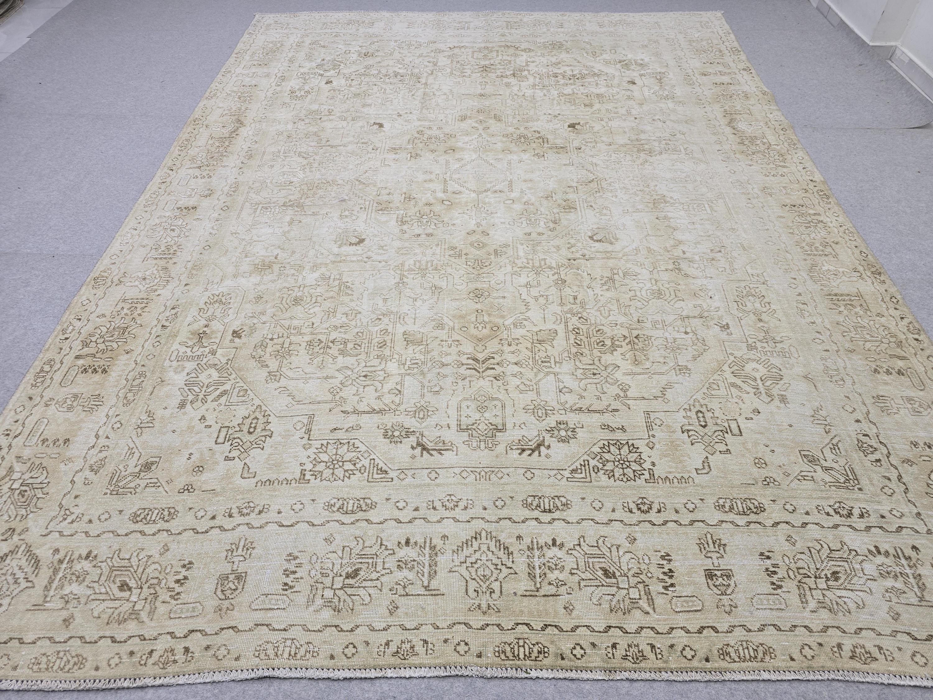 8x11 Vintage Hand Knotted Wool Rug, Muted Neutral Oushak Style, 8x11 Distressed Area Rug