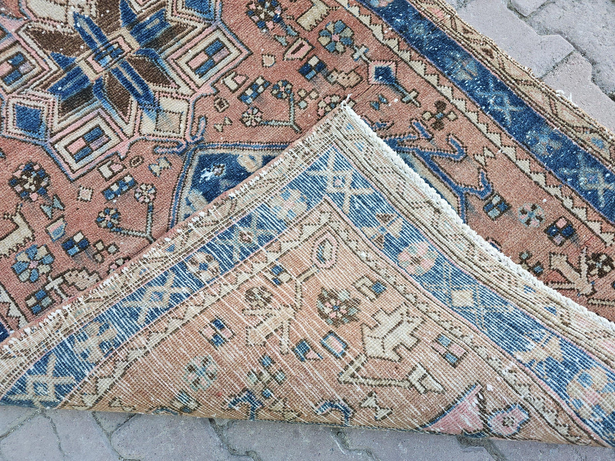 Antique Wool Runner Rug: Hand-Knotted Geometric Design (3.50x10.60 ft)