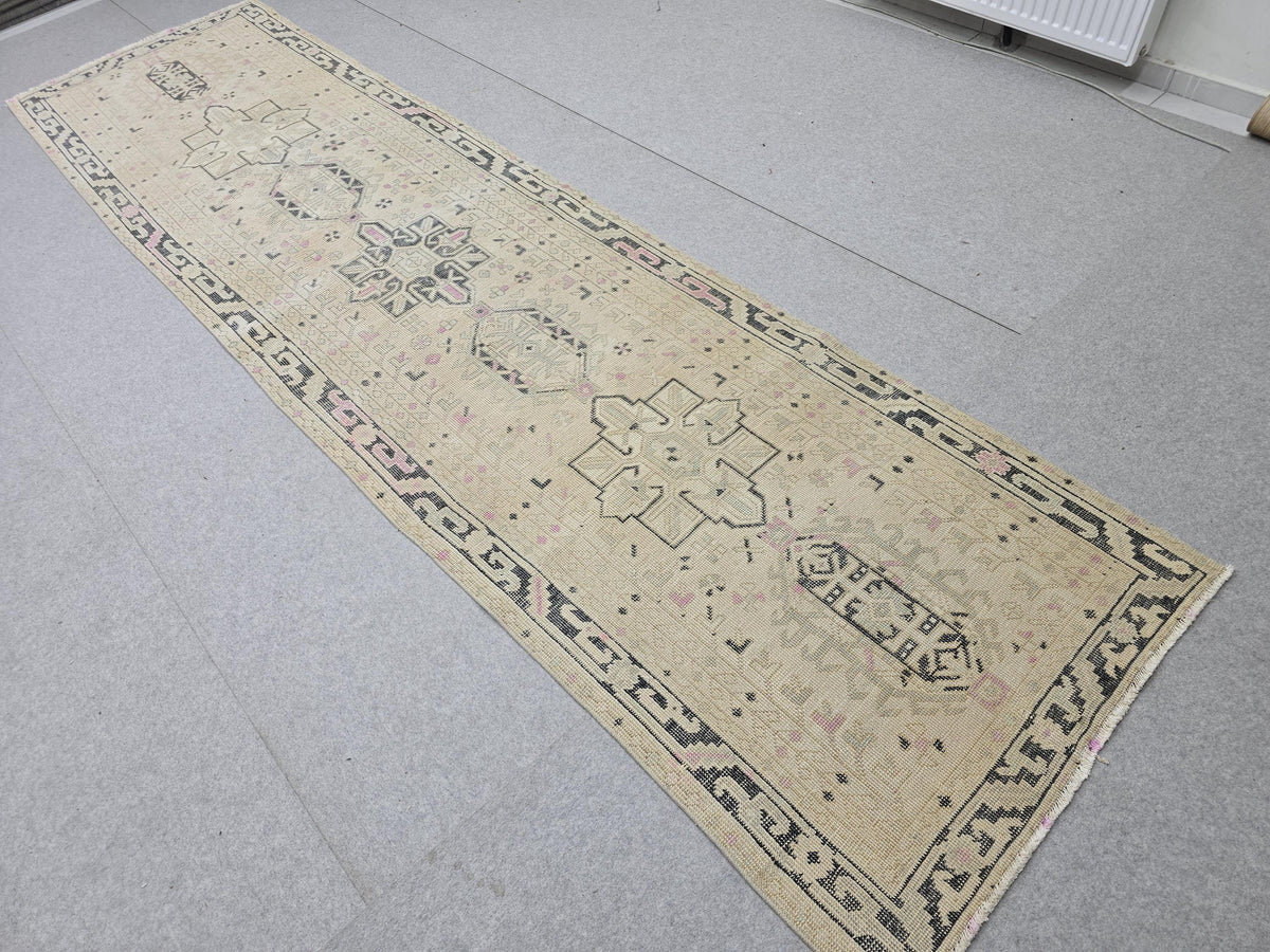 3x12 Vintage Runner Rug , Faded Pink Beige Turkish Wool Hallway Runner, Distressed Anatolian Tribal Medallion Corridor Rug, Boho Decor