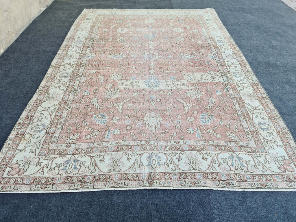 Muted Oushak Pink Rug: 6.85x9.85 ft, Handmade Vintage Turkish Floral Wool Carpet