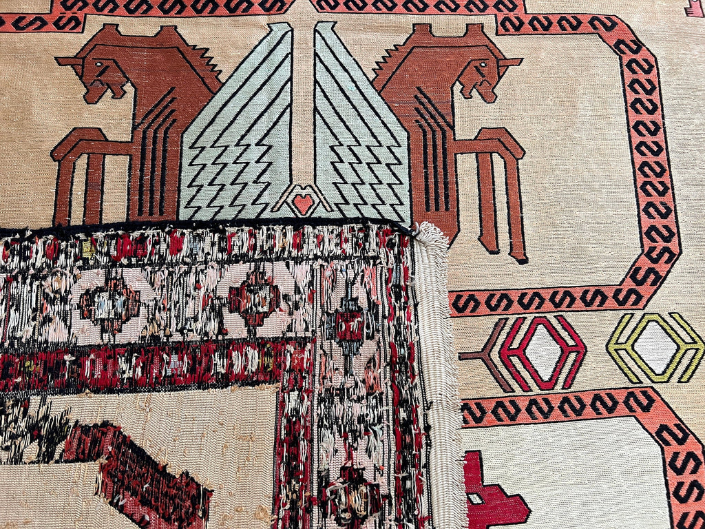 4x6 Silk Soumak Rug: Hand-Knotted Vintage Animal Design
