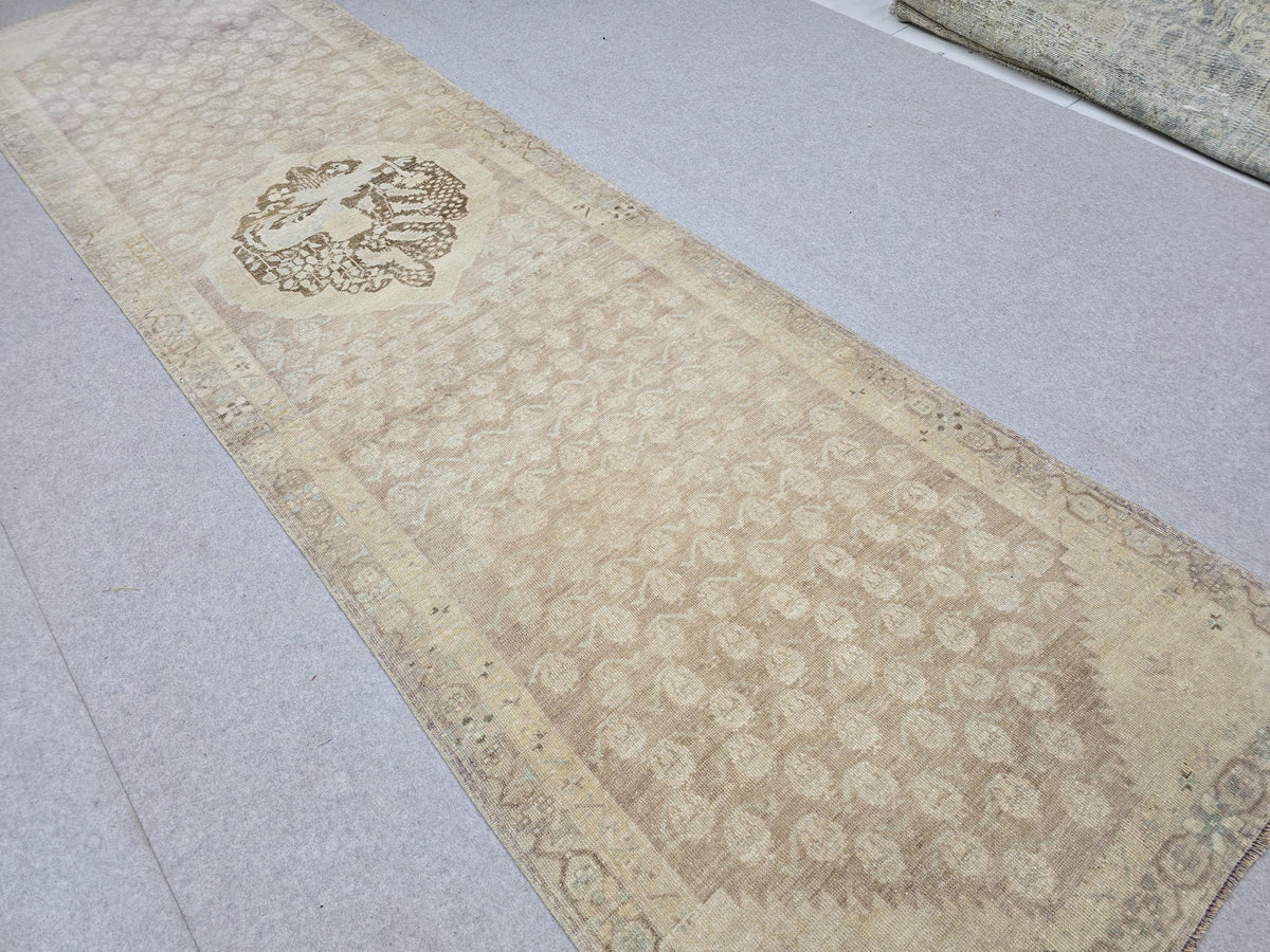 Turkish Rug 4x13, Neutral Runner Rug, Faded Hand Knotted Wool Oushak Runner, Muted Beige Lilac Hallway Rug, Vintage Boho Corridor Carpet