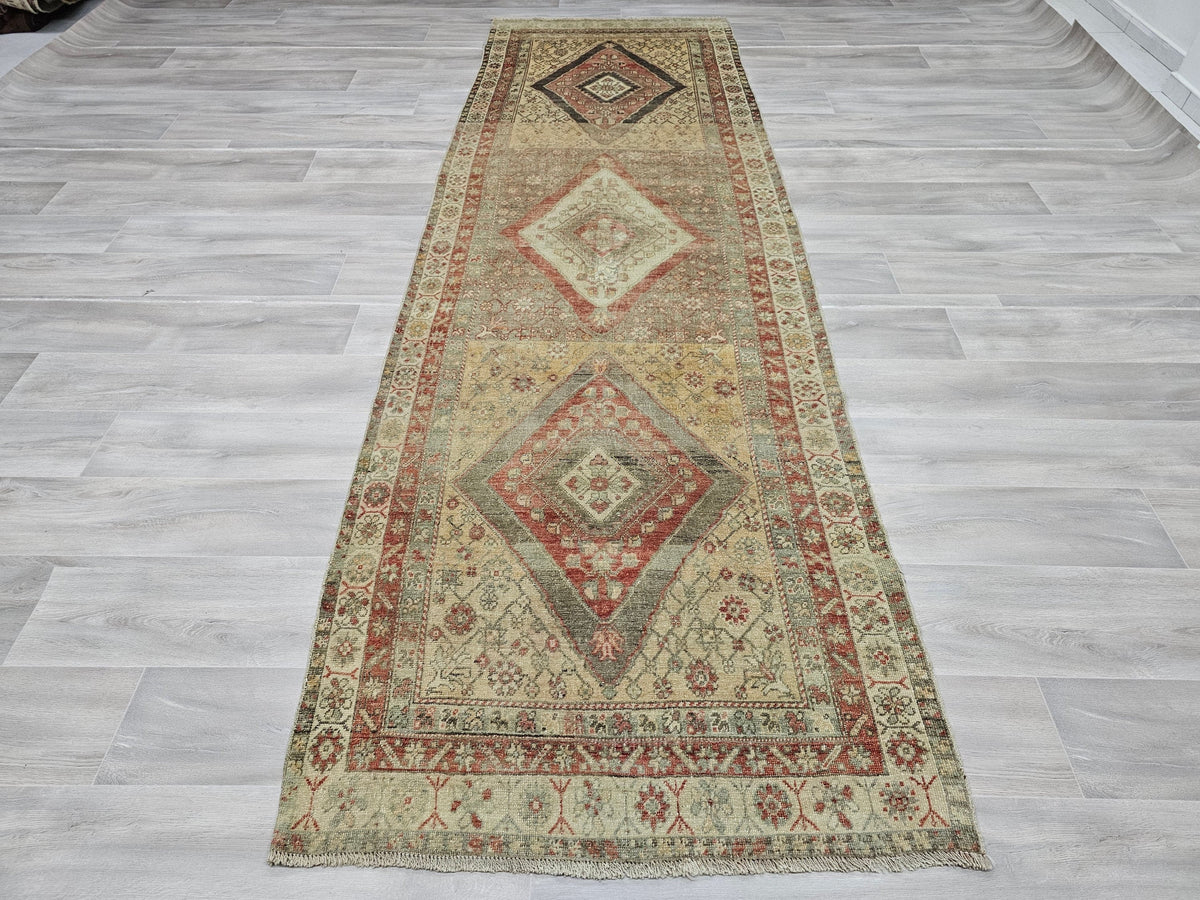 Vintage Turkish Runner Rug: Hand-Knotted Wool, Farmhouse Decor (3.60x10.50 feet)