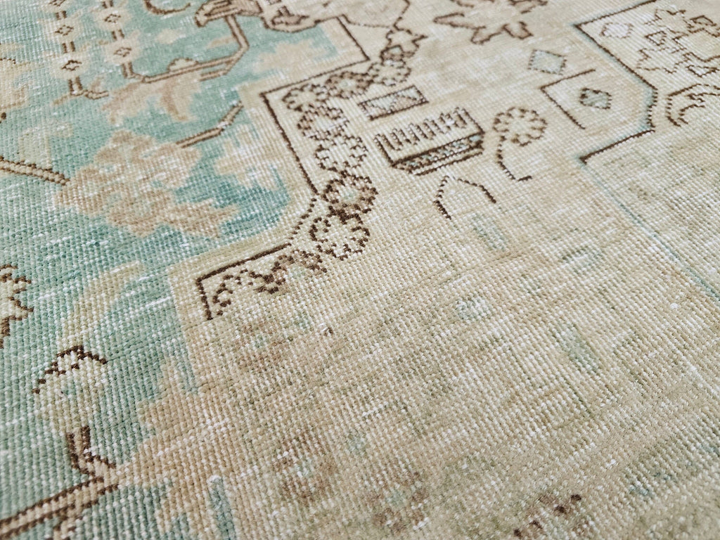10x12 Neutral Wool Large Vintage Oushak Rug: 10x12 Beige and Sage Green Wool Area Rug