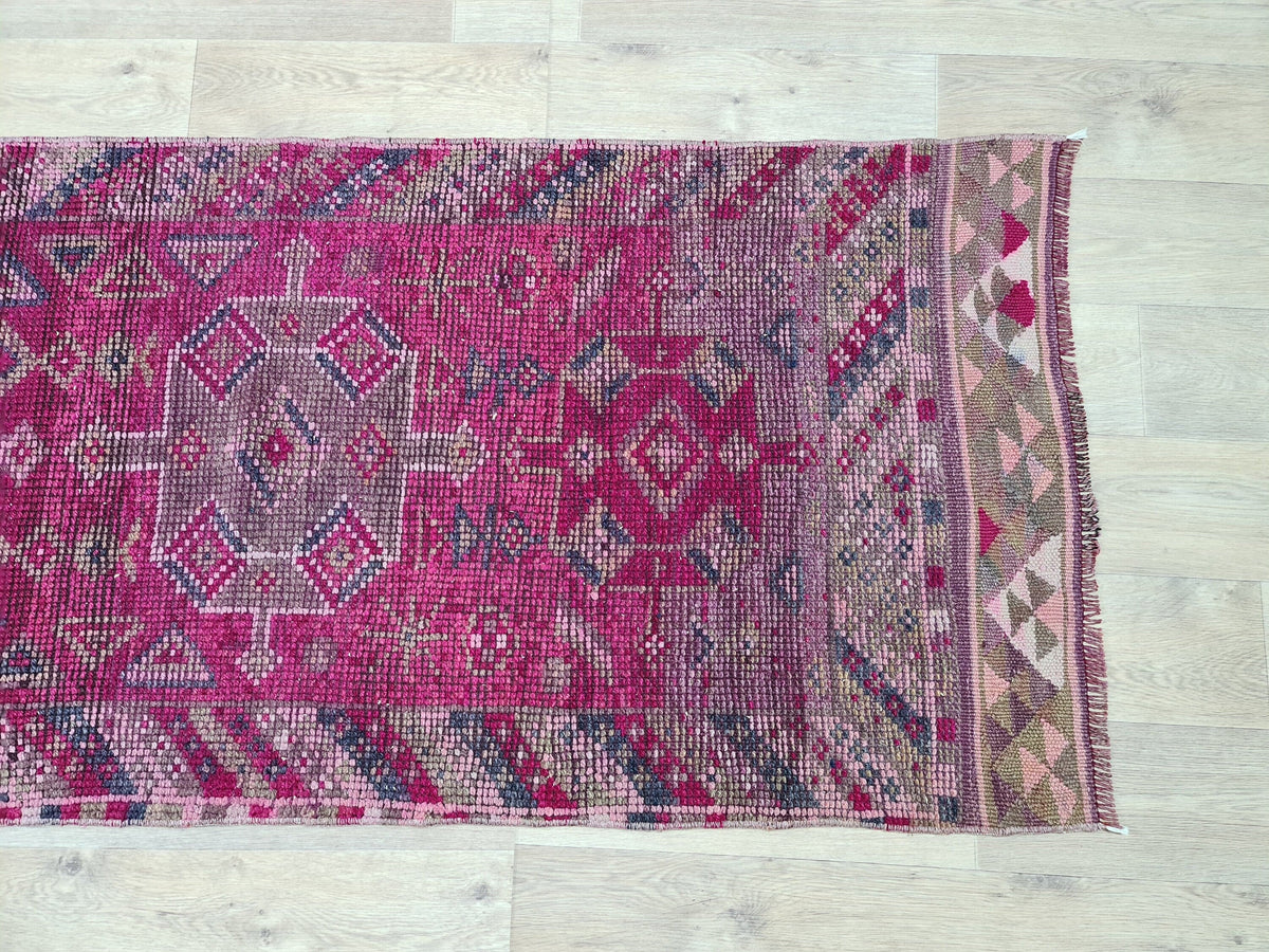 Hand Knotted Wool Herki Runner: 3x13 Vintage Turkish Rug