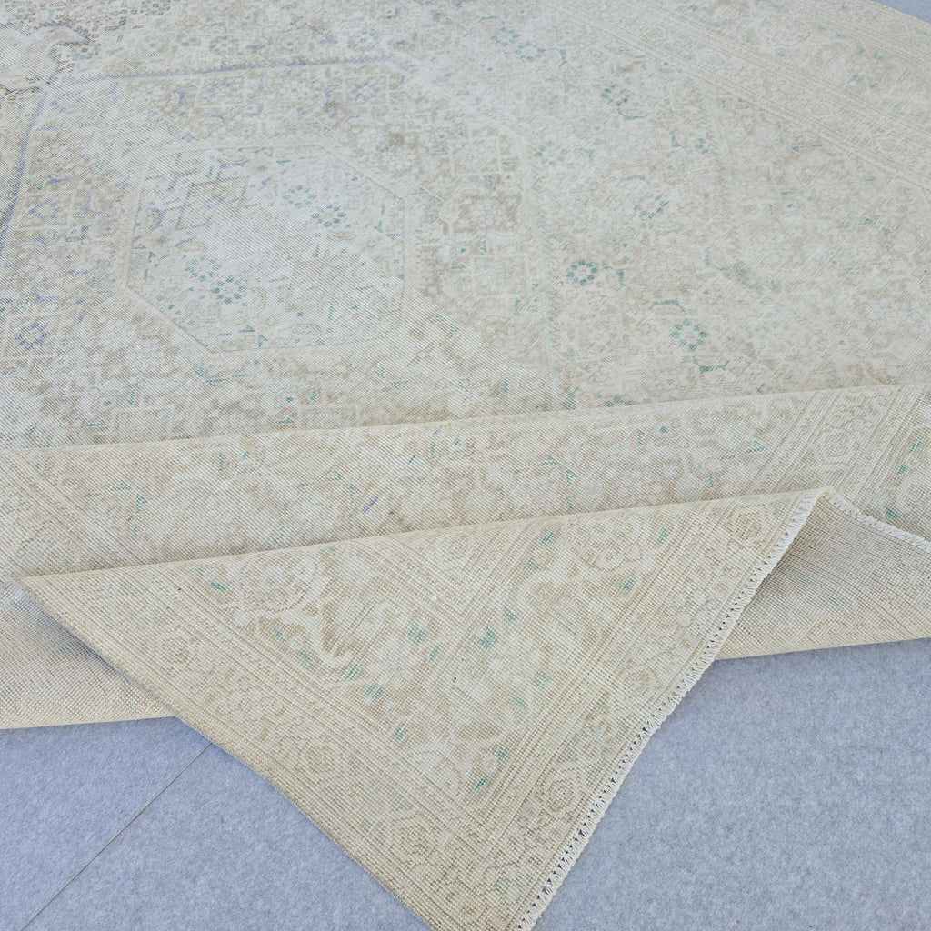 Vintage Turkish Hand-Knotted Rug: Muted Beige, Blue & Sage Geometric Carpet