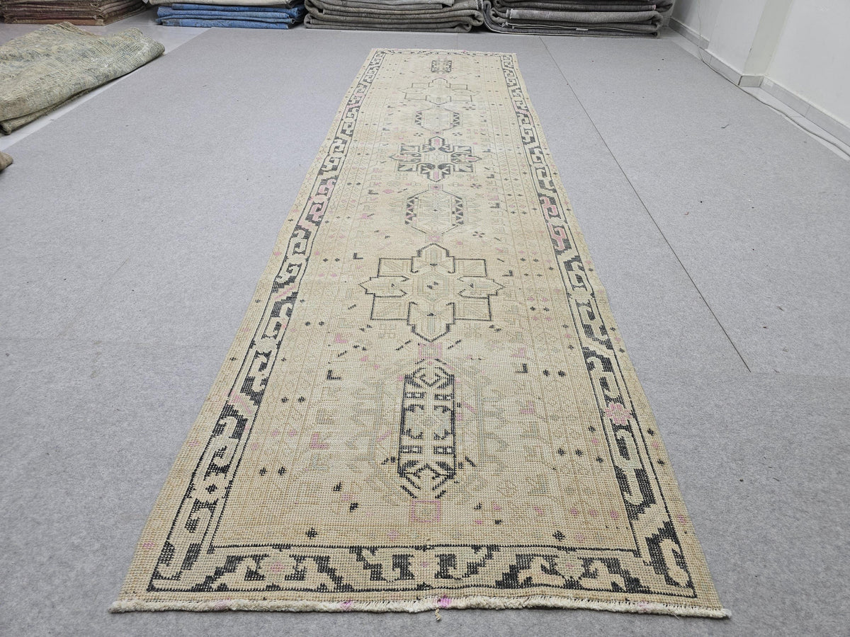 3x12 Vintage Runner Rug , Faded Pink Beige Turkish Wool Hallway Runner, Distressed Anatolian Tribal Medallion Corridor Rug, Boho Decor