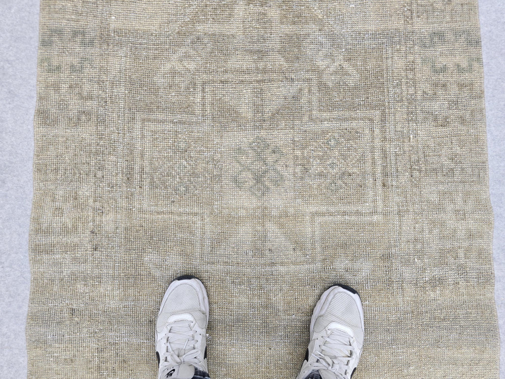 Turkish Runner Rug 3.5x11, Olive Sage Earth Tone Hallway Runner, Faded Wool Kitchen Runner, Tribal Corridor Rug for Dining Room Decor