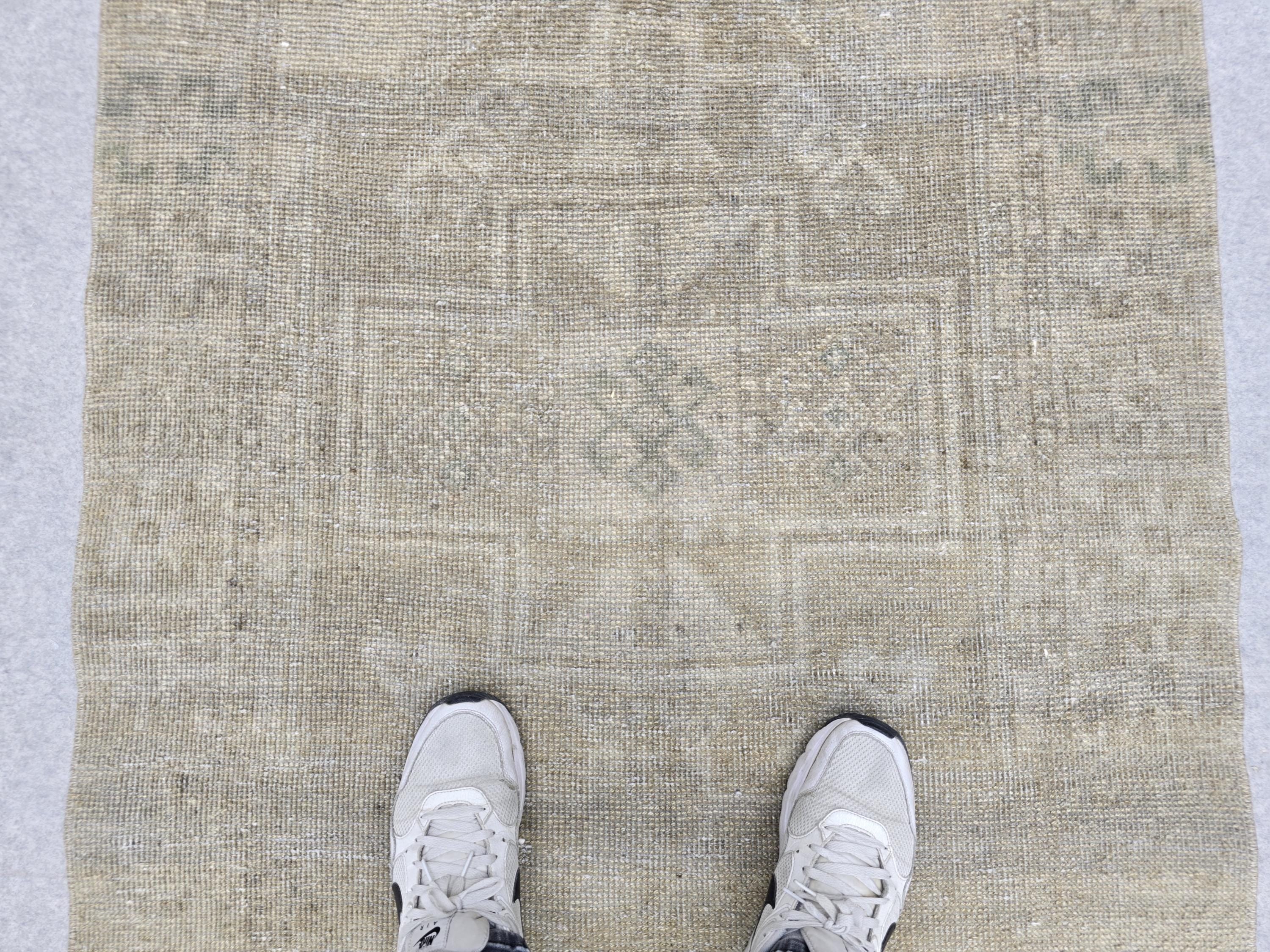 Turkish Runner Rug 3.5x11, Olive Sage Earth Tone Hallway Runner, Faded Wool Kitchen Runner, Tribal Corridor Rug for Dining Room Decor