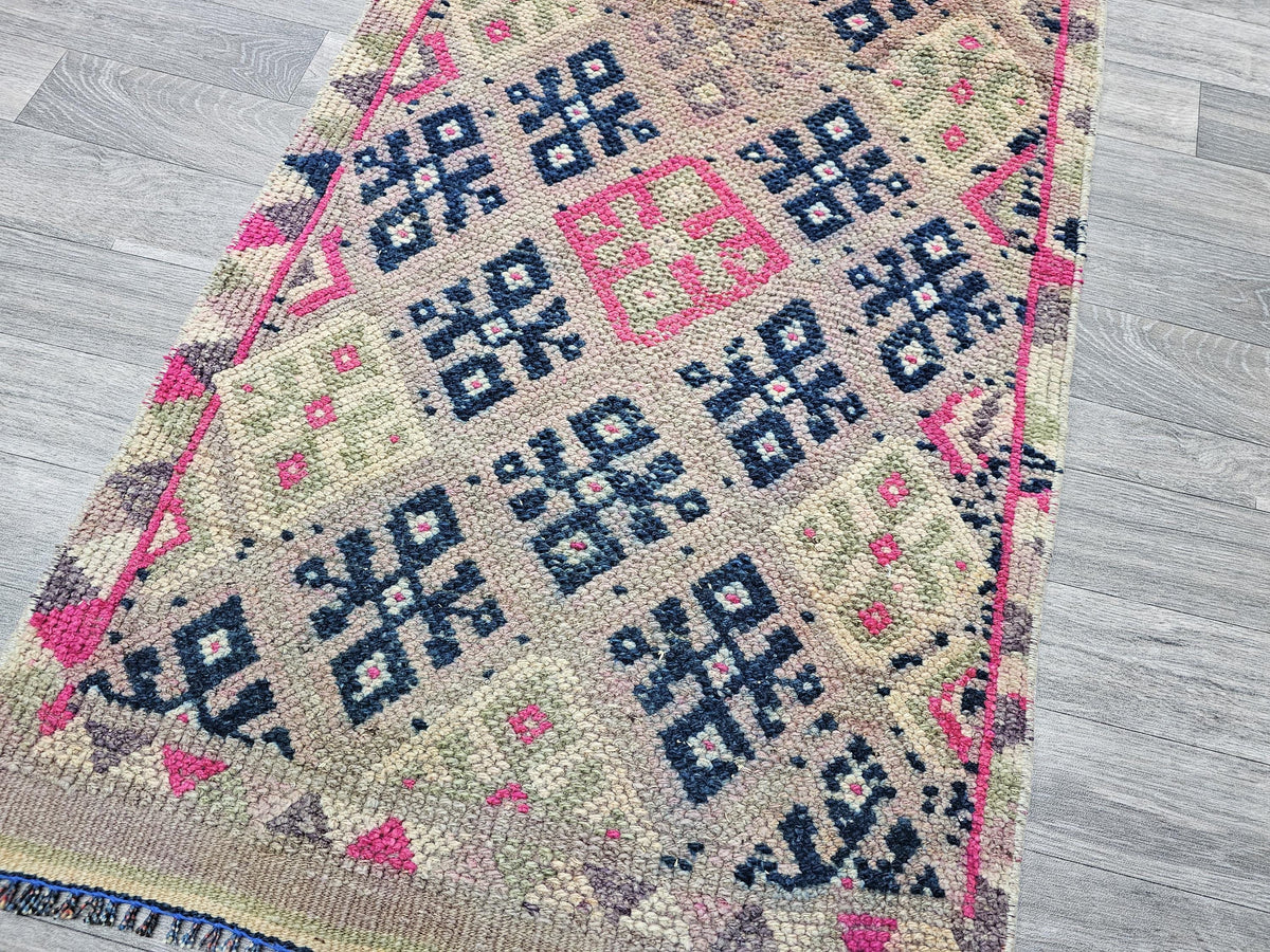 Hand Knotted Wool Runner Rug: Vintage Turkish Herki, 2.40x13 ft