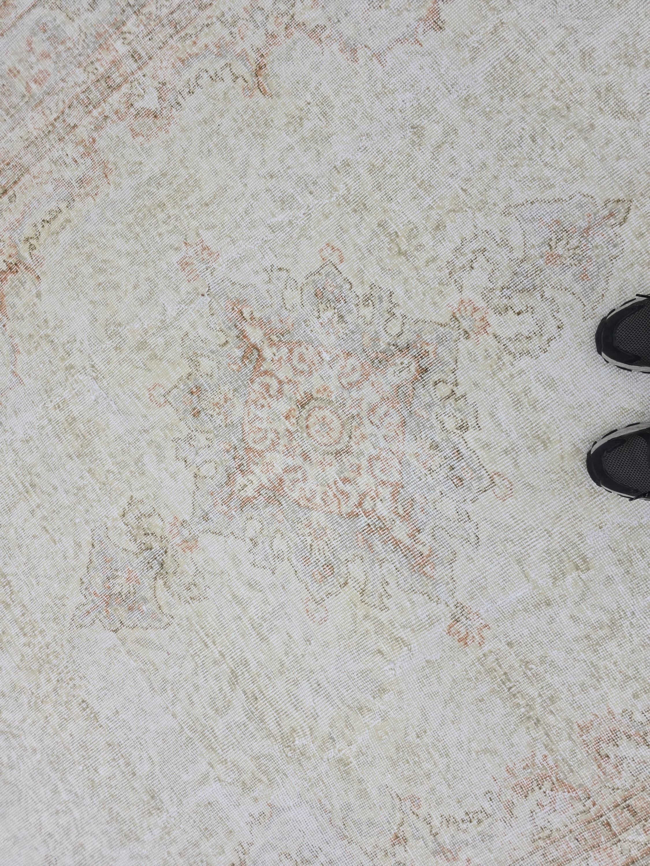 Turkish Wool Rug 7x10, Ivory Cream Medallion, Distressed Neutral Carpet