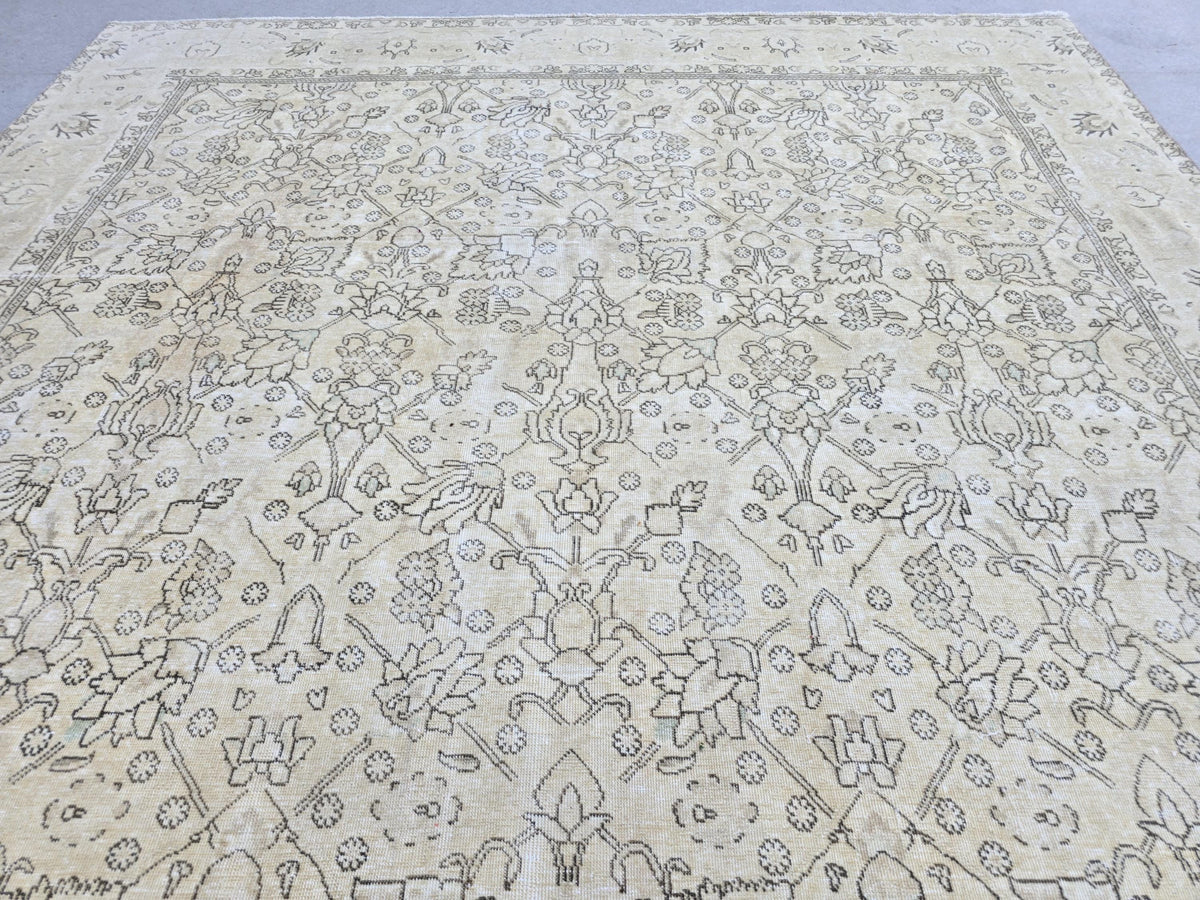 Turkish Rug 10x12, Faded Wheat Beige Wool Area Rug, Neutral All Over Floral Carpet for Living Room, Dining Room, Boho Rustic Decor