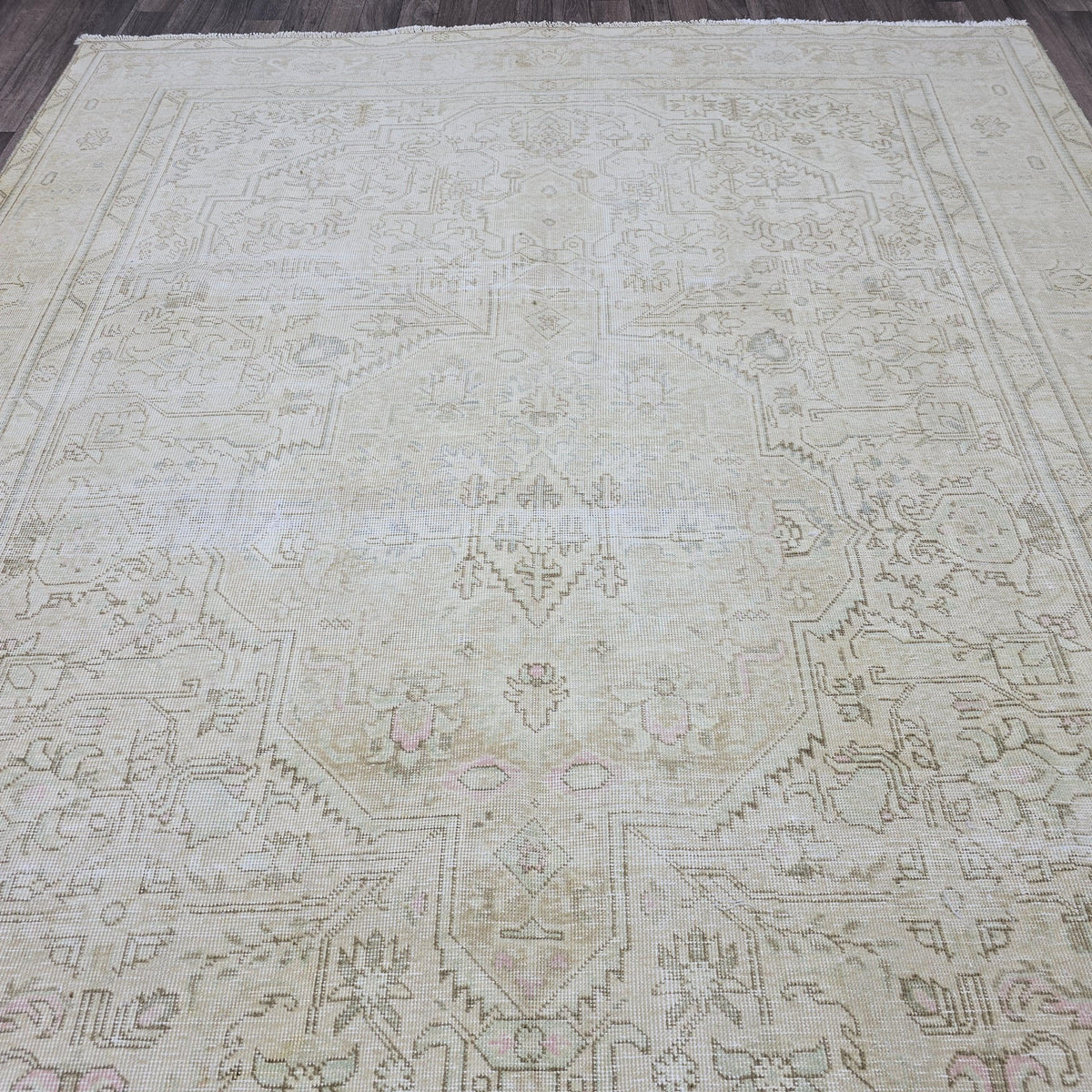 Oushak Rug 8x11: Neutral Vintage Turkish Wool Handmade Carpet, Beige Brown Geometric