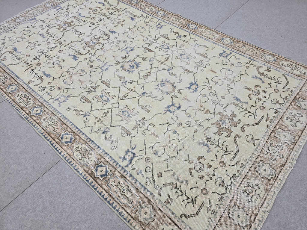Vintage Turkish Oushak Rug 6x9, Hand Knotted Cream Blue Floral Carpet