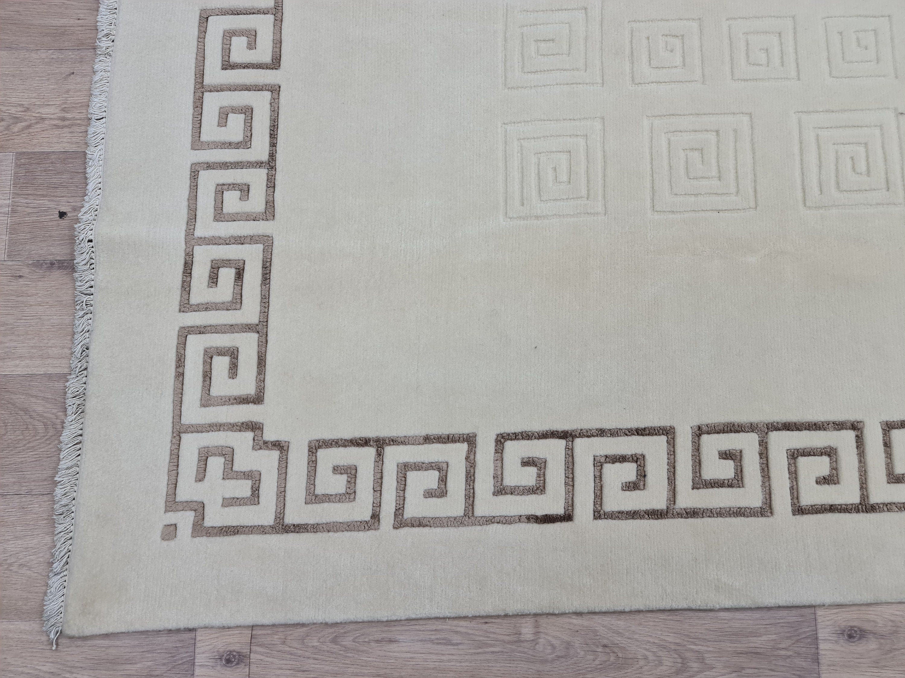 Cream Hand-Knotted Wool Area Rug: 6.82x9.35 ft, Vintage Boho Rug