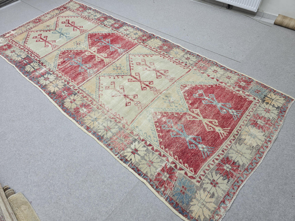 Oushak Rug 5x12, Antique Red Cream Distressed Wool Area Rug, Faded Panel Medallion Anatolian Wide Runner, Boho Farmhouse Living Room Decor
