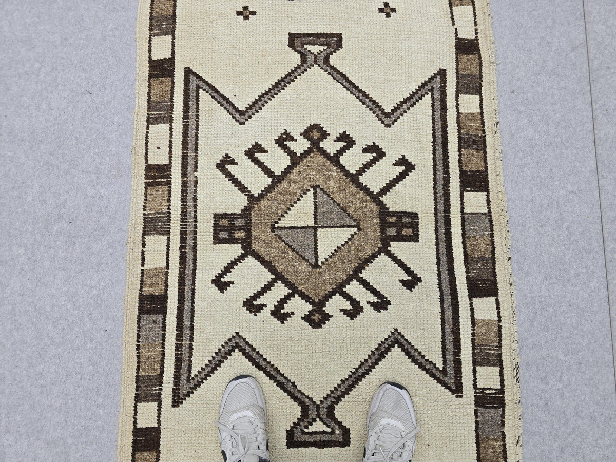 Turkish Rug 3x12 Runner, Hand Knotted Vintage Wool Hallway Runner, Neutral Ivory Brown Tribal Anatolian Stair Runner Boho Decor