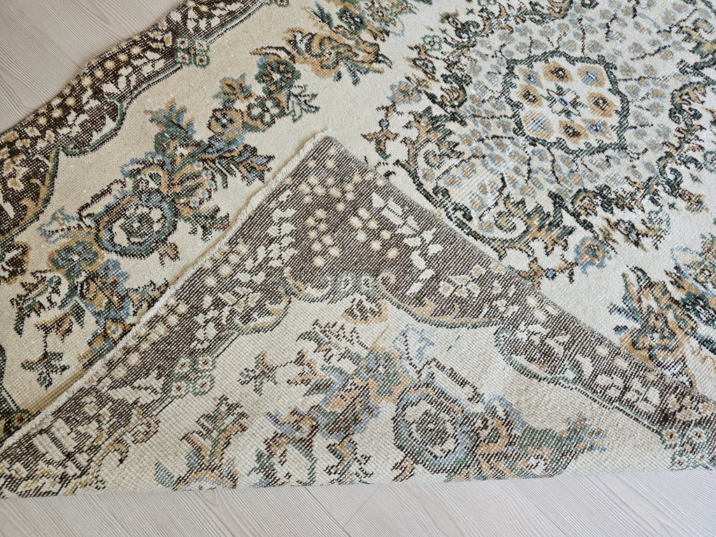 4x7 Vintage Turkish Oushak Rug Cream Brown Neutral Rug