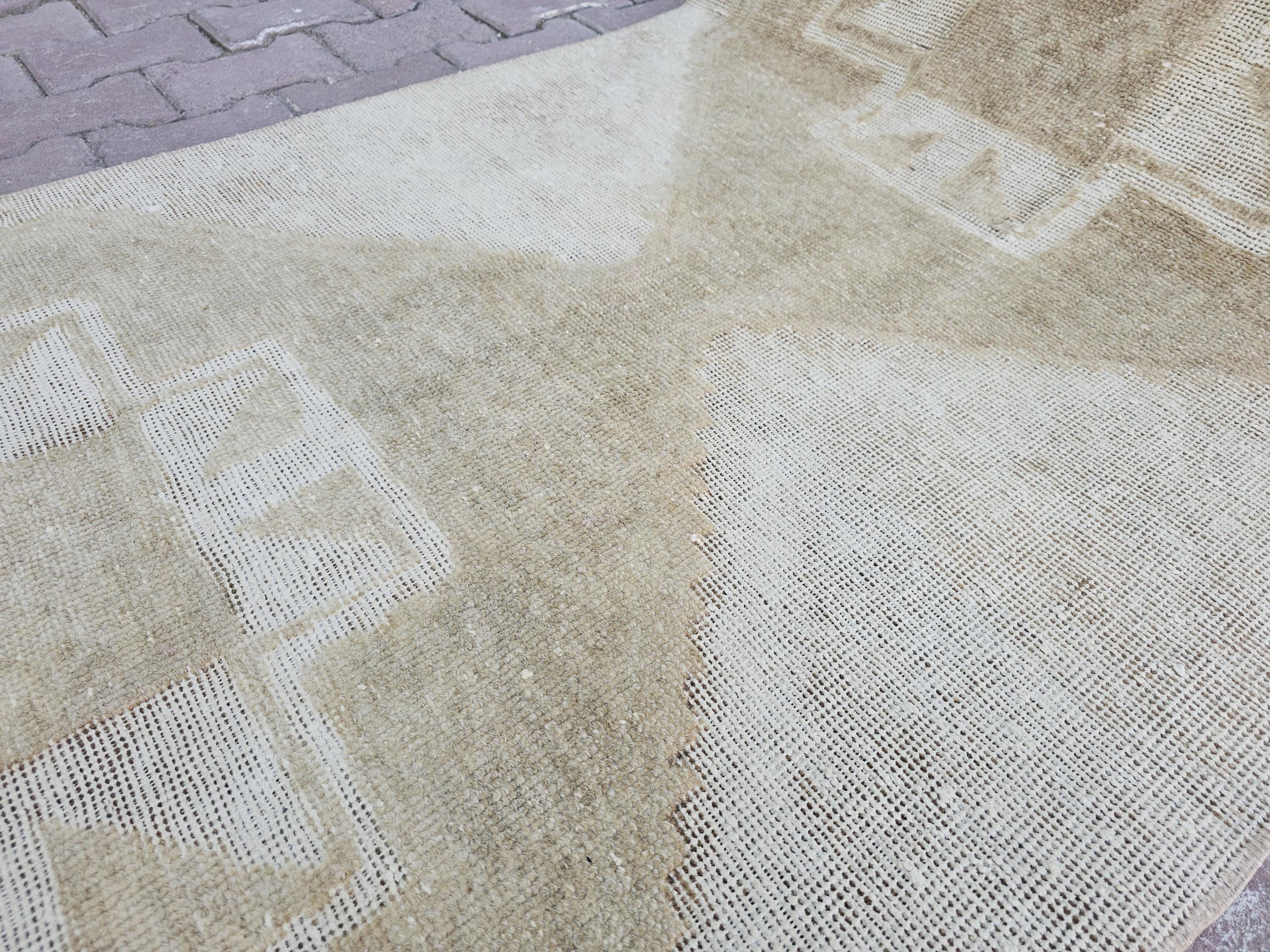Beige Oushak Runner: Handmade Wool Anatolian Style Neutral Turkish Rug, 3.3x12.65 ft
