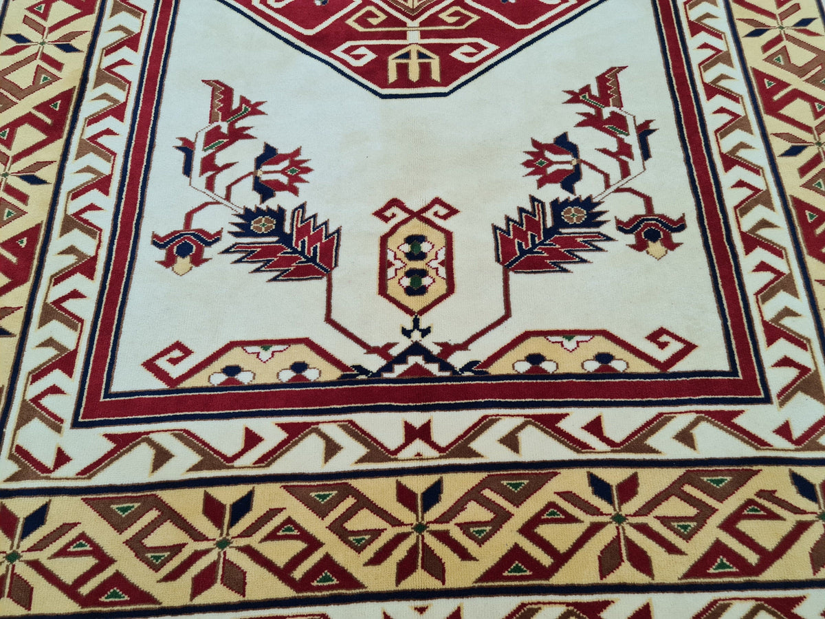 Hand Knotted Wool Rug: 6x9 Vintage Turkish Oushak Geometric Rug