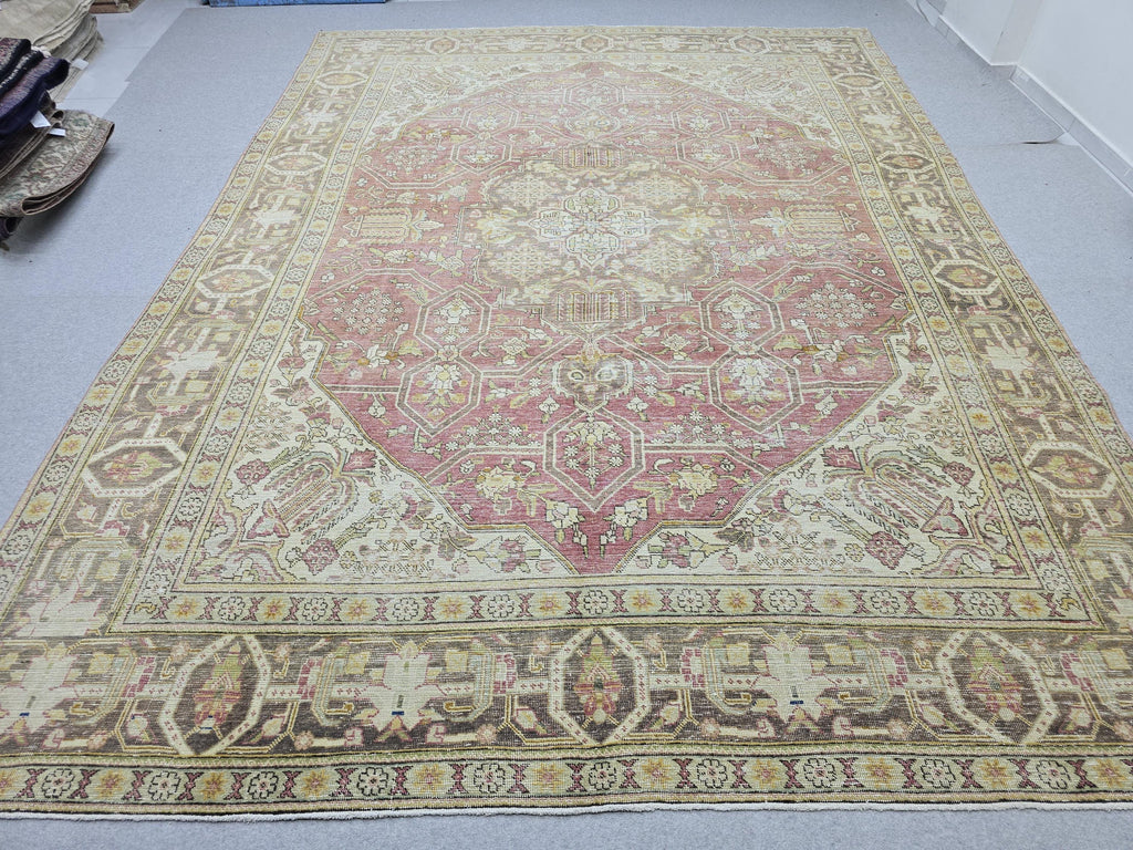 10x13 Vintage Turkish Wool Rug, Rose Pink Geometric Medallion, Distressed Area Carpet