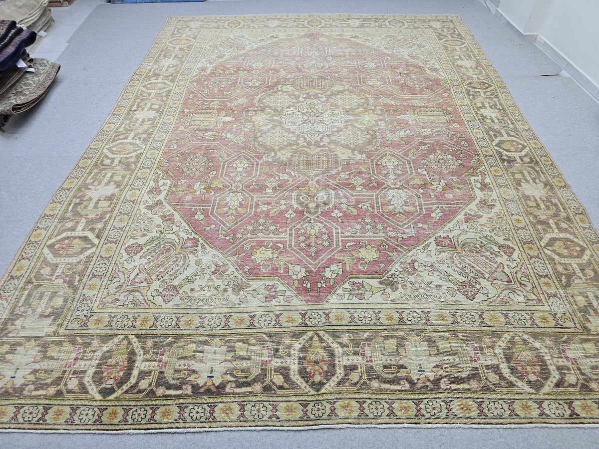 10x13 Vintage Turkish Wool Rug, Rose Pink Geometric Medallion, Distressed Area Carpet