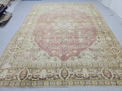 10x13 Vintage Turkish Wool Rug, Rose Pink Geometric Medallion, Distressed Area Carpet