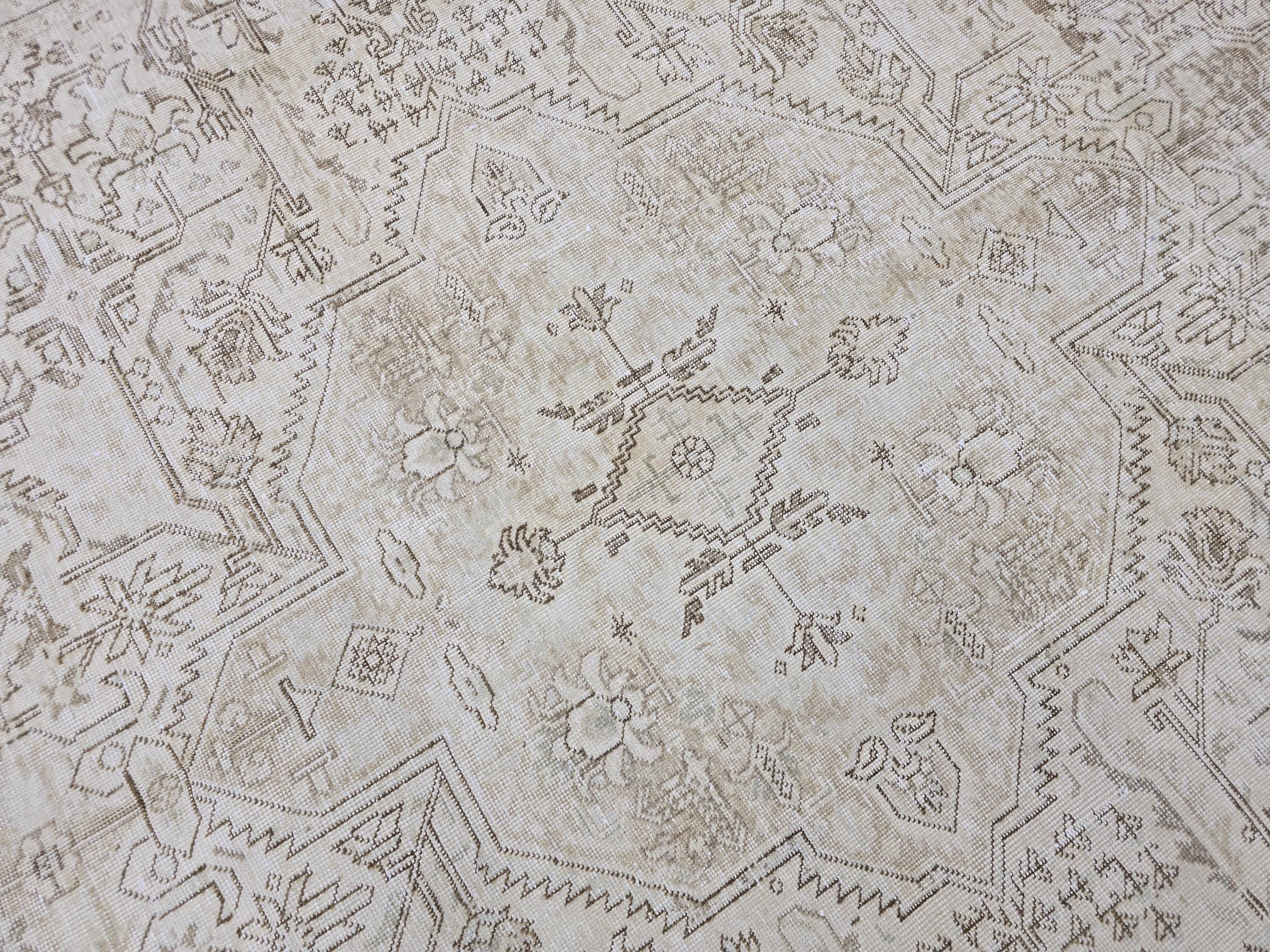 Turkish Rug 10x13, Neutral Beige Vintage Handknotted Wool Carpet, Faded Medallion Area Rug for Dining Room