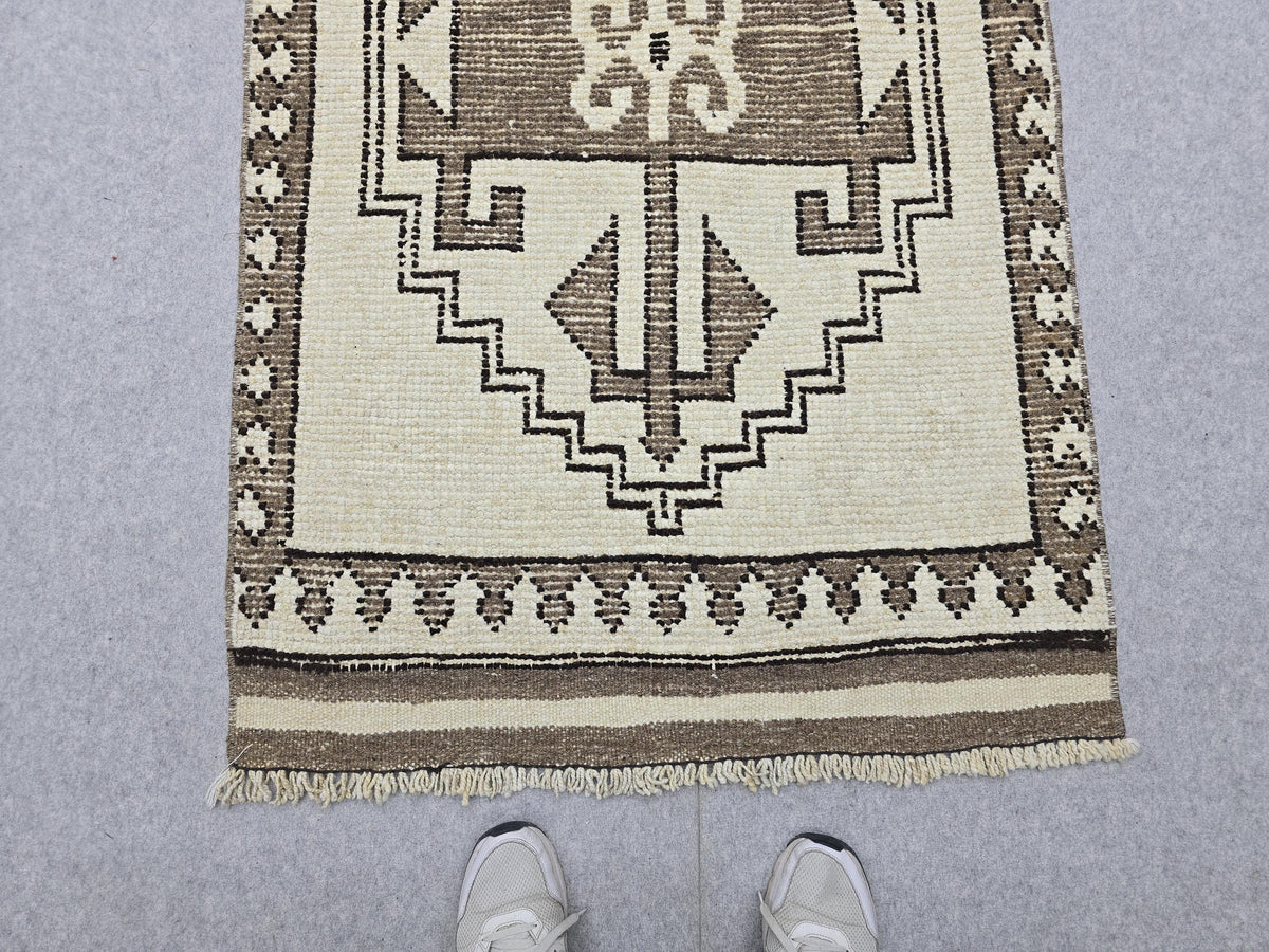 Wool Turkish Runner, Hand-Knotted Cream Brown Boho Hallway Rug
