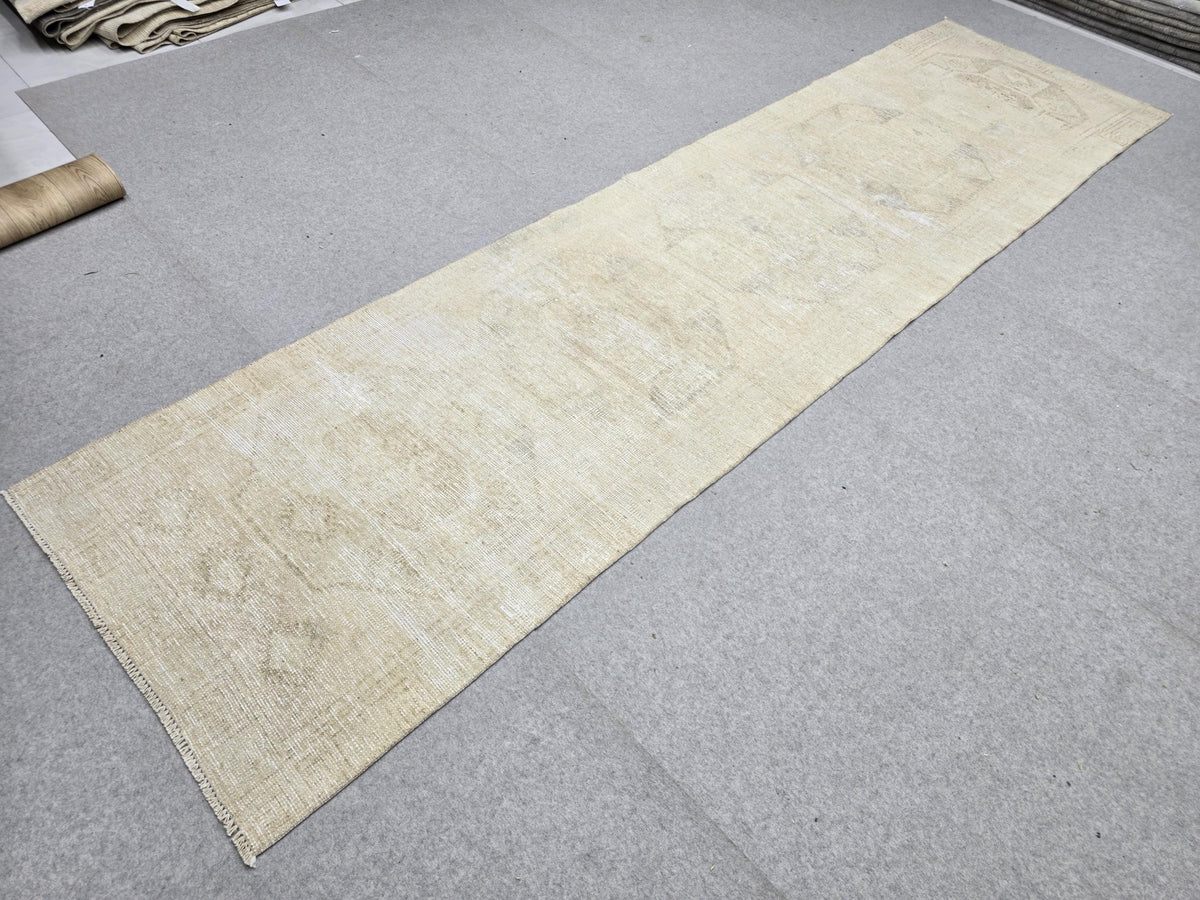 Turkish Rug 3x12 Runner, Vintage Rug for Hallway, Neutral Beige Wool Runner Rug, Cream Kitchen Rug, Boho Entryway Decor, Faded Wool Rug