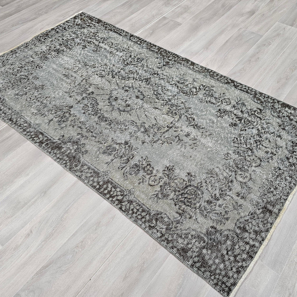 4x7 Overdyed Turkish Wool Rug: Floral Oushak Rug