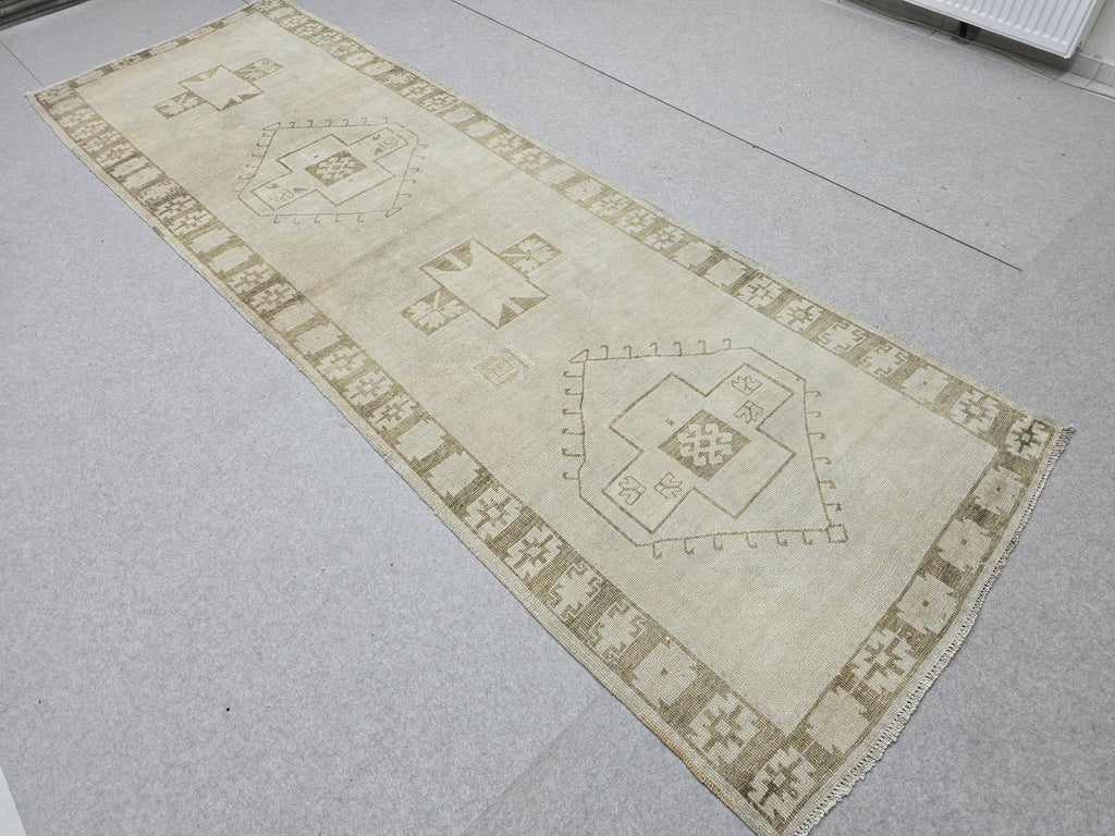 Oushak Rug 4x12, Neutral Runner Rug, Faded Hand Knotted Wool Turkish Runner, Muted Beige Hallway Rug, Vintage Boho Stair Neutral Runner