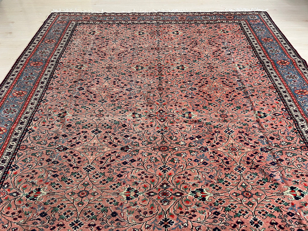 7x10 Vintage Turkish Oushak Rug: Hand-Knotted Floral Wool Carpet